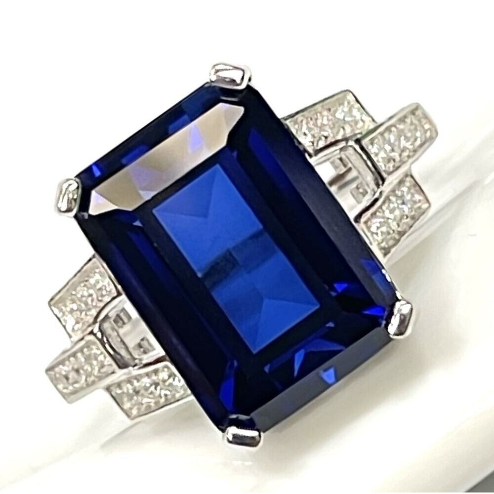 Genuine Emerald Cut Lab-Created Sapphire Set in Ring 925 Sterling Silver - Picture 2 of 13